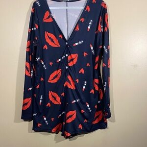 Lipstick Lips Print Sleep Romper Cozy Lounge Stretch PJ Rainy Day Size XL